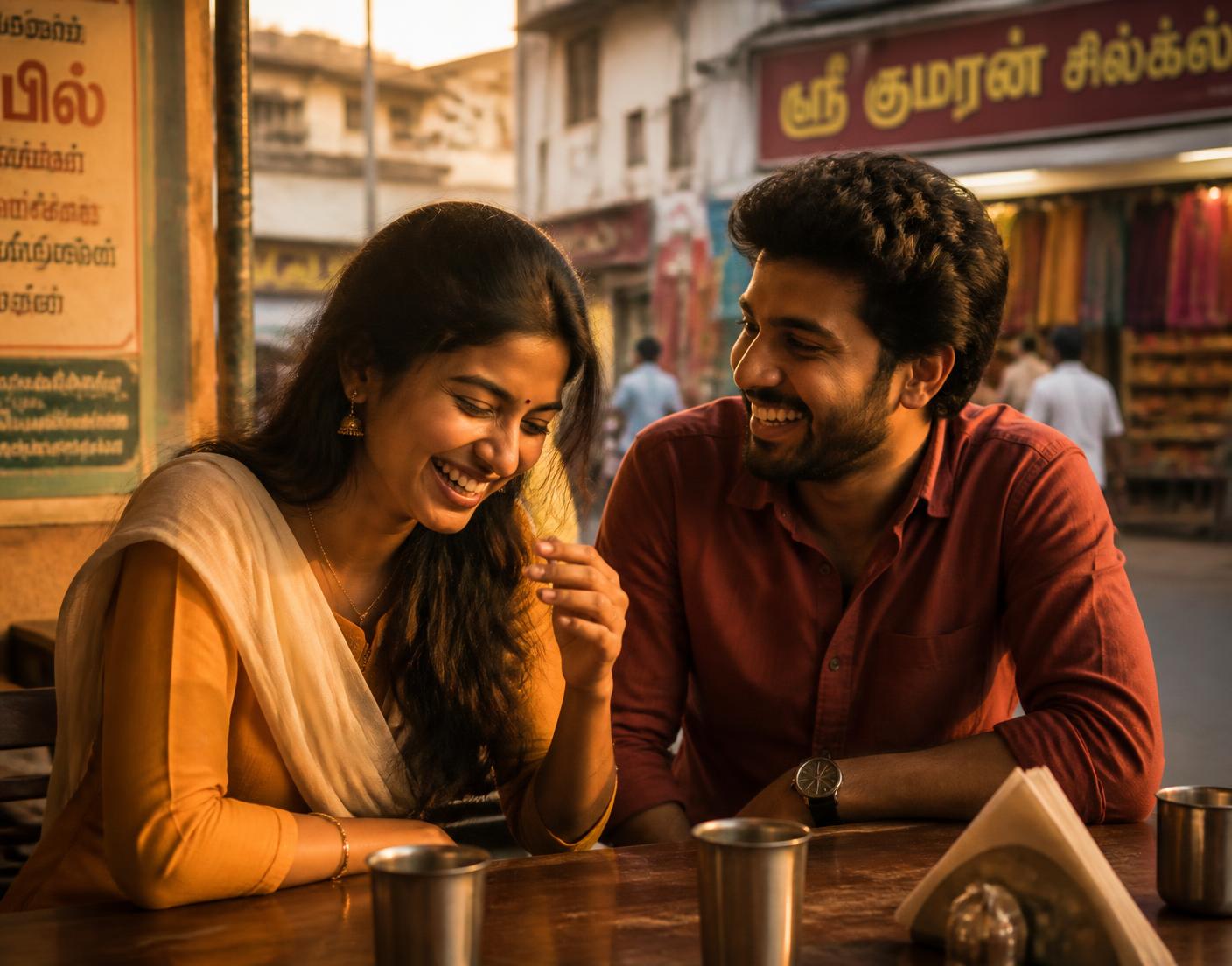 A young couple laughing together at a street-side cafe in Tiruppur, Tamil Nadu